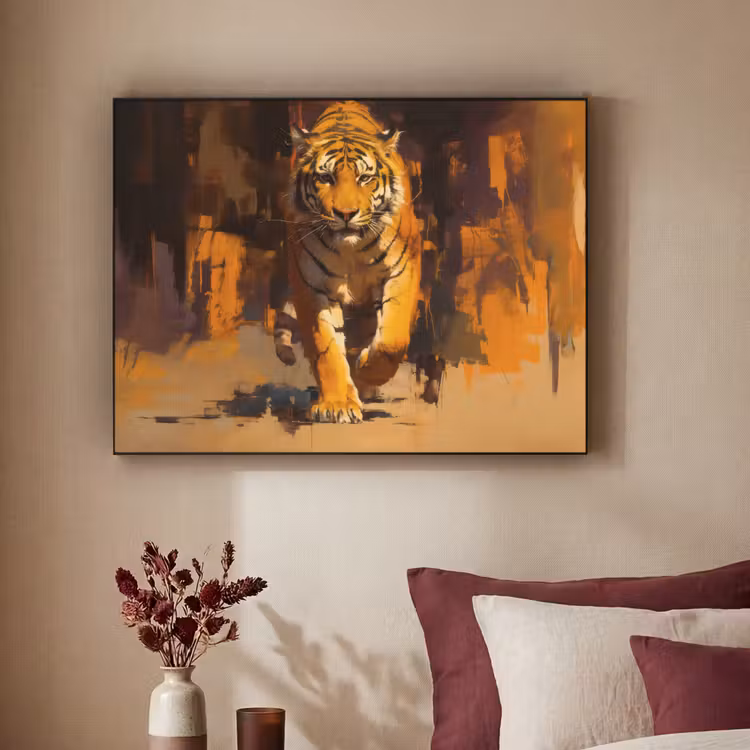 Tijger - Geschilderd - Oranje - Penseelstreken Textielframe - compleet frame klein -sfeer1