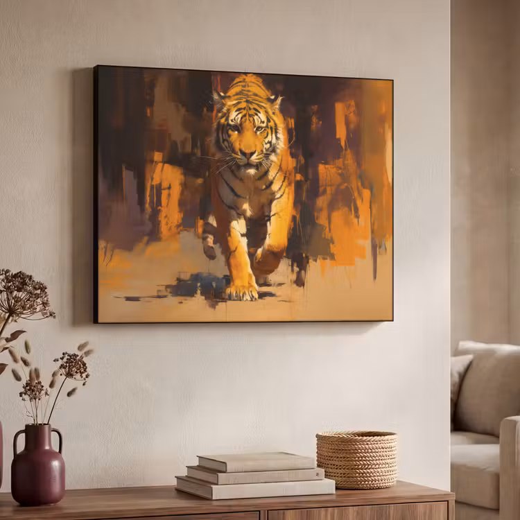 Tijger - Geschilderd - Oranje - Penseelstreken Textielframe zwart klein -sfeer3