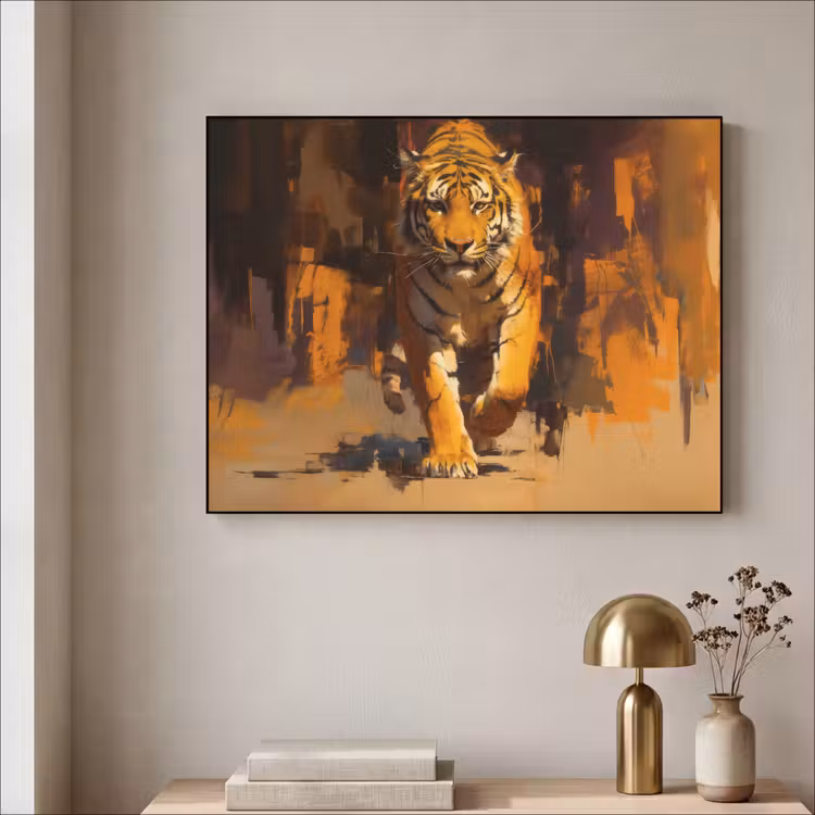 Tijger - Geschilderd - Oranje - Penseelstreken Textielframe zwart klein -sfeer2