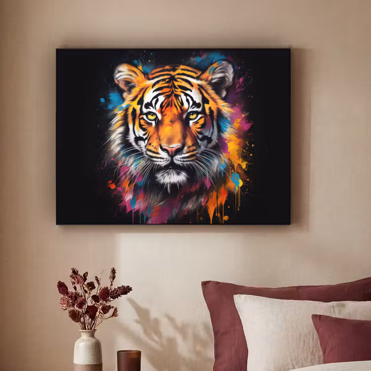 Tijger - Graffiti - Dieren - Zwart Textielframe zwart klein -sfeer1
