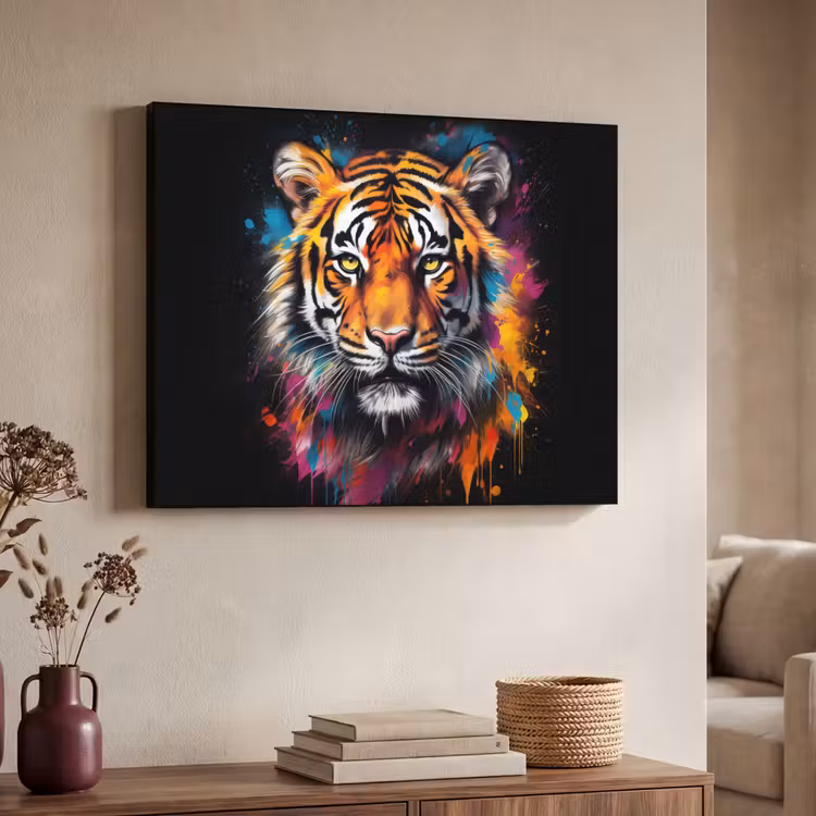 Tijger - Graffiti - Dieren - Zwart Textielframe zwart klein -sfeer3
