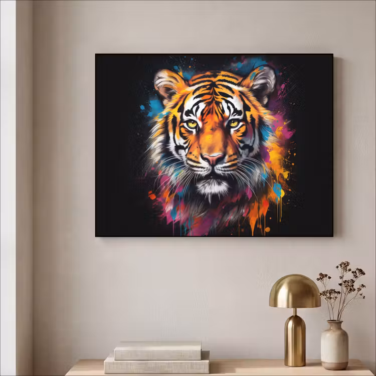 Tijger - Graffiti - Dieren - Zwart Textielframe zwart klein -sfeer2