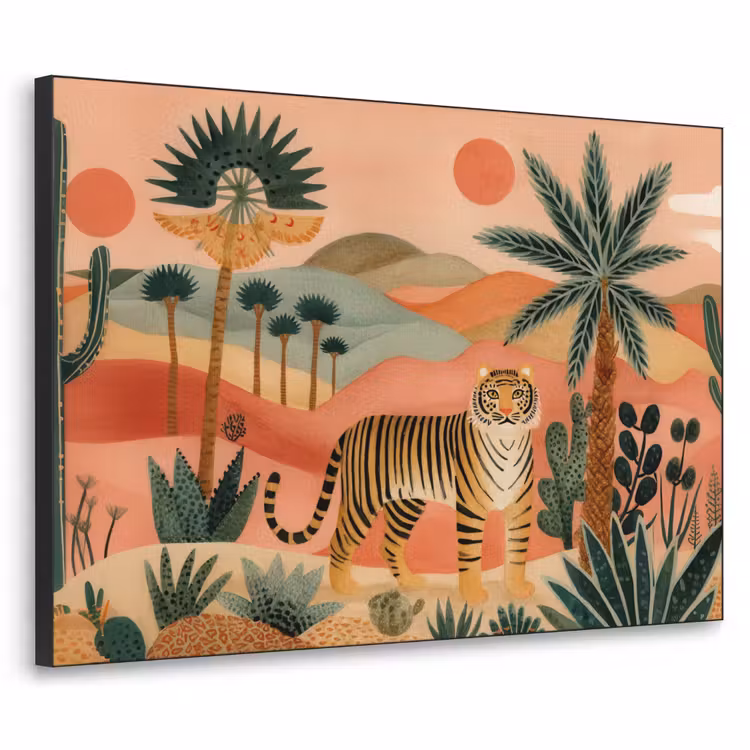 Tijger - Kleurrijk - Palmen - Cactus Textielframe zwart klein -3d