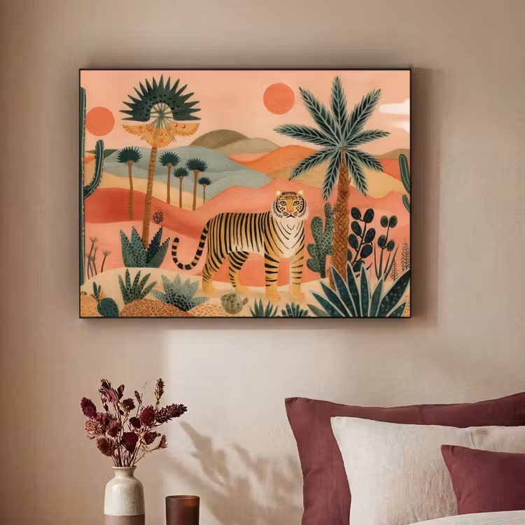 Tijger - Kleurrijk - Palmen - Cactus Textielframe - compleet frame klein -sfeer1