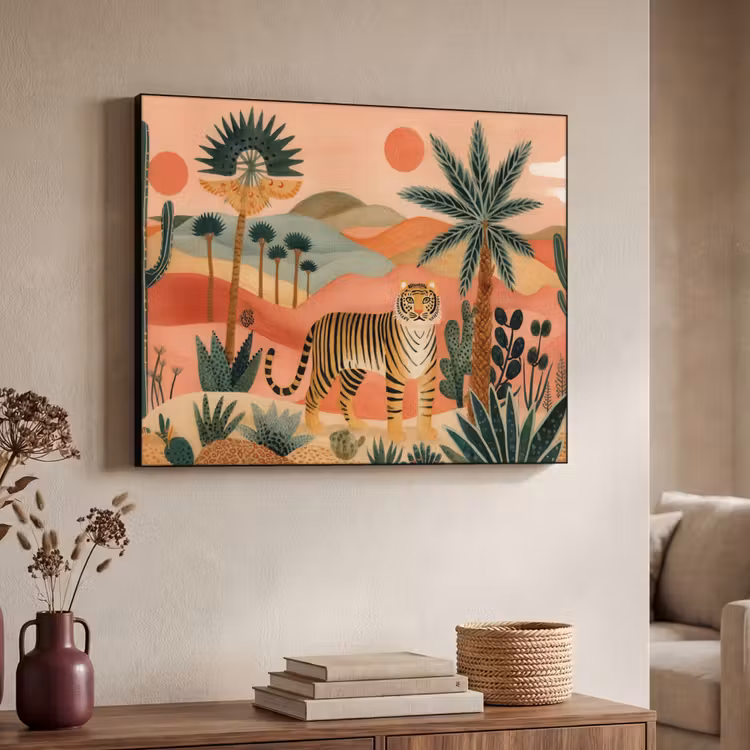 Tijger - Kleurrijk - Palmen - Cactus Textielframe zwart klein -sfeer3