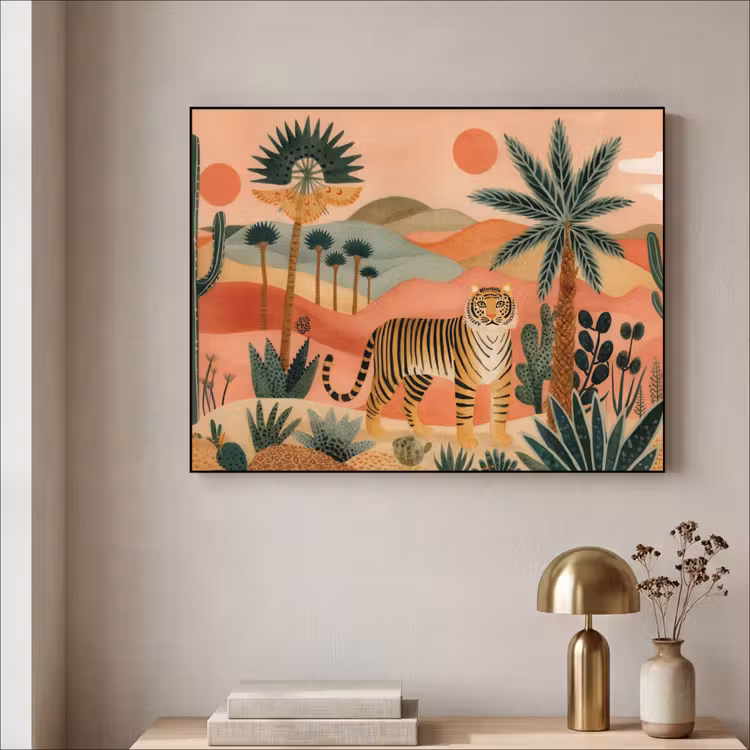 Tijger - Kleurrijk - Palmen - Cactus Textielframe - compleet frame klein -sfeer2