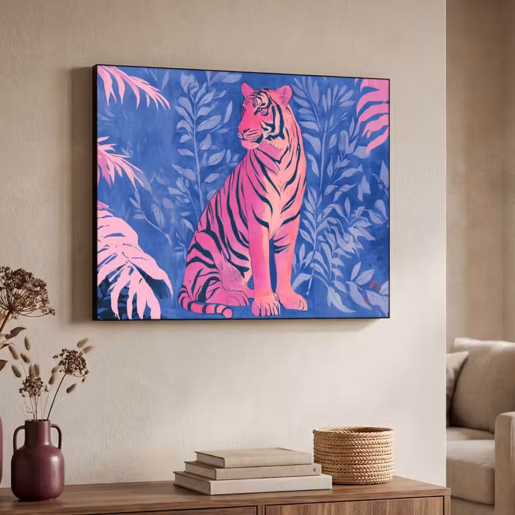 Tijger - Roze - Bladeren - Jungle Textielframe zwart klein -sfeer3