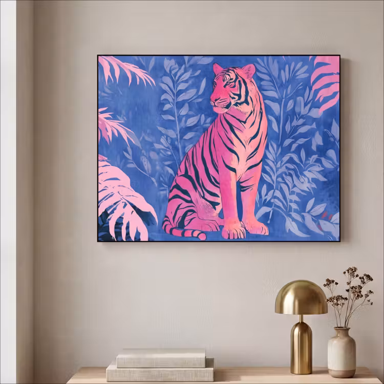 Tijger - Roze - Bladeren - Jungle Textielframe zwart klein -sfeer2