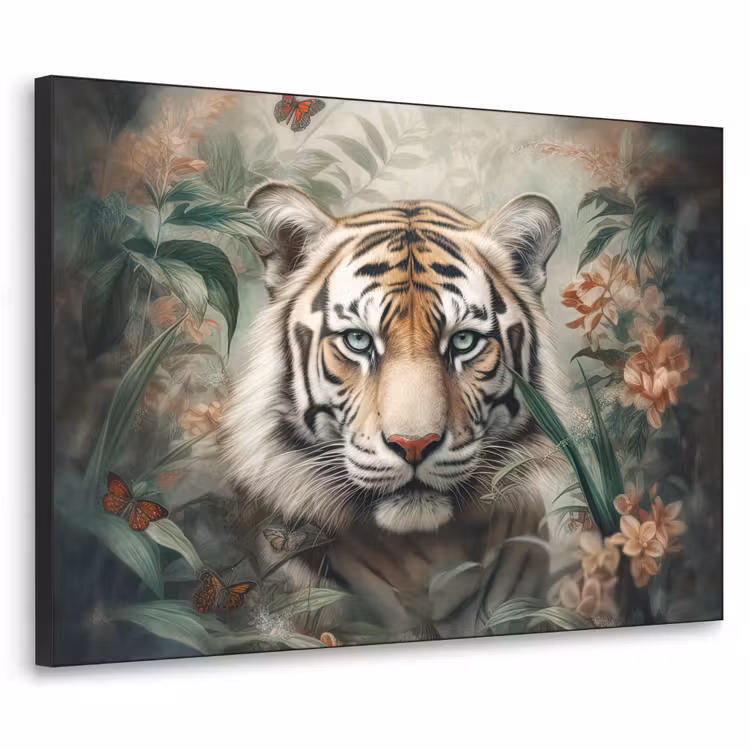 Tijger - Vlinders - Dieren - Jungle - Bloemen Textielframe zwart klein -3d