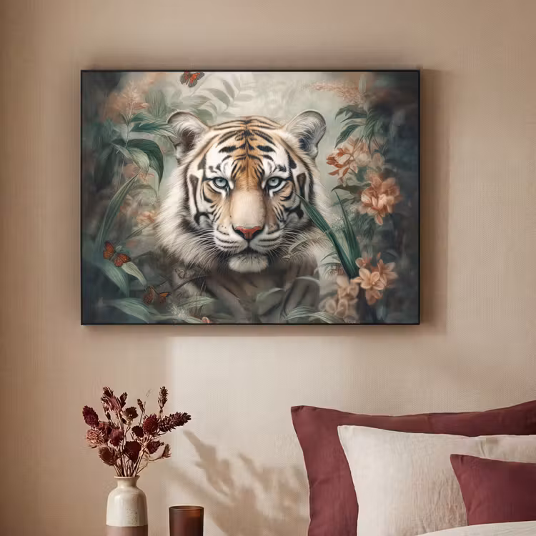 Tijger - Vlinders - Dieren - Jungle - Bloemen Textielframe zwart klein -sfeer1