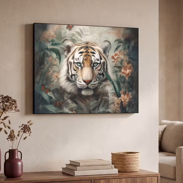 Tijger - Vlinders - Dieren - Jungle - Bloemen Textielframe zwart klein -sfeer3