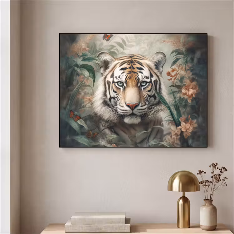Tijger - Vlinders - Dieren - Jungle - Bloemen Textielframe zwart klein -sfeer2