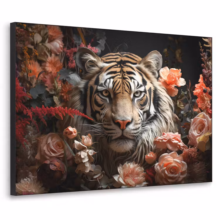 Tijger - Dier - Natuur - Bloemen - Botanisch Textielframe zwart klein -3d