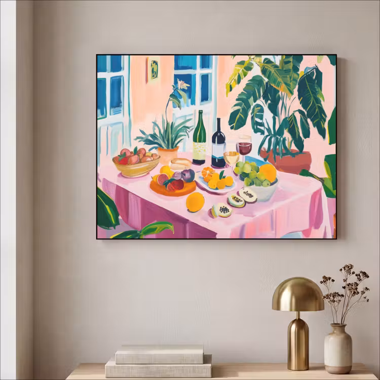 Tafel - Wijn - Fruit Textielframe zwart klein -sfeer2