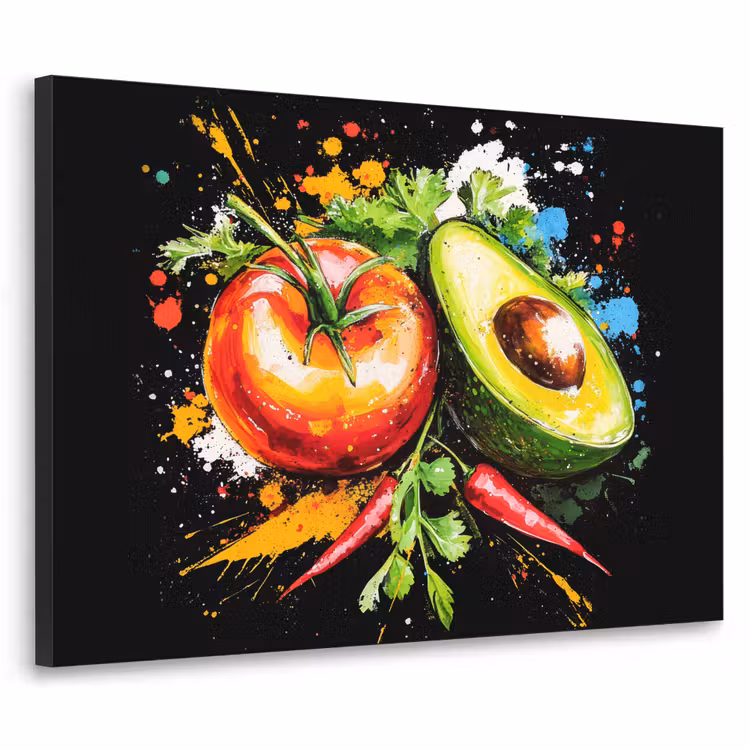 Tomaat - Avocado - Peper - Graffiti - Verf - Modern Textielframe zwart klein -3d