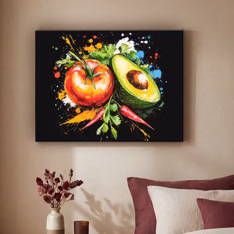 Tomaat - Avocado - Peper - Graffiti - Verf - Modern Textielframe - compleet frame klein -sfeer1