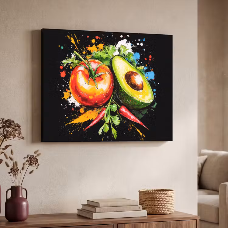 Tomaat - Avocado - Peper - Graffiti - Verf - Modern Textielframe zwart klein -sfeer3