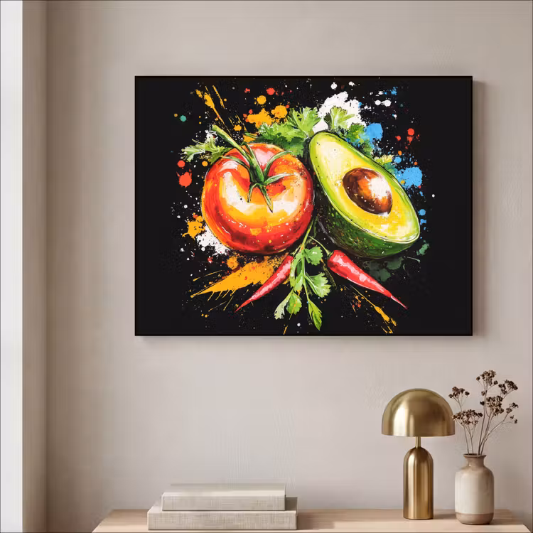Tomaat - Avocado - Peper - Graffiti - Verf - Modern Textielframe zwart klein -sfeer2