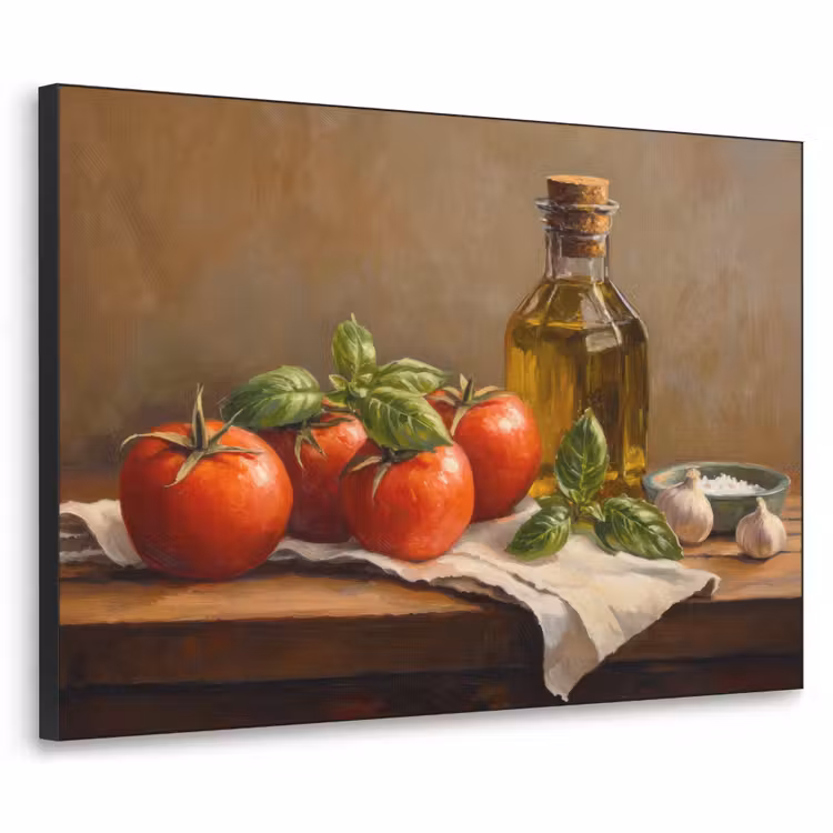 Tomaten - Olijfolie - Stilleven Textielframe zwart klein -3d