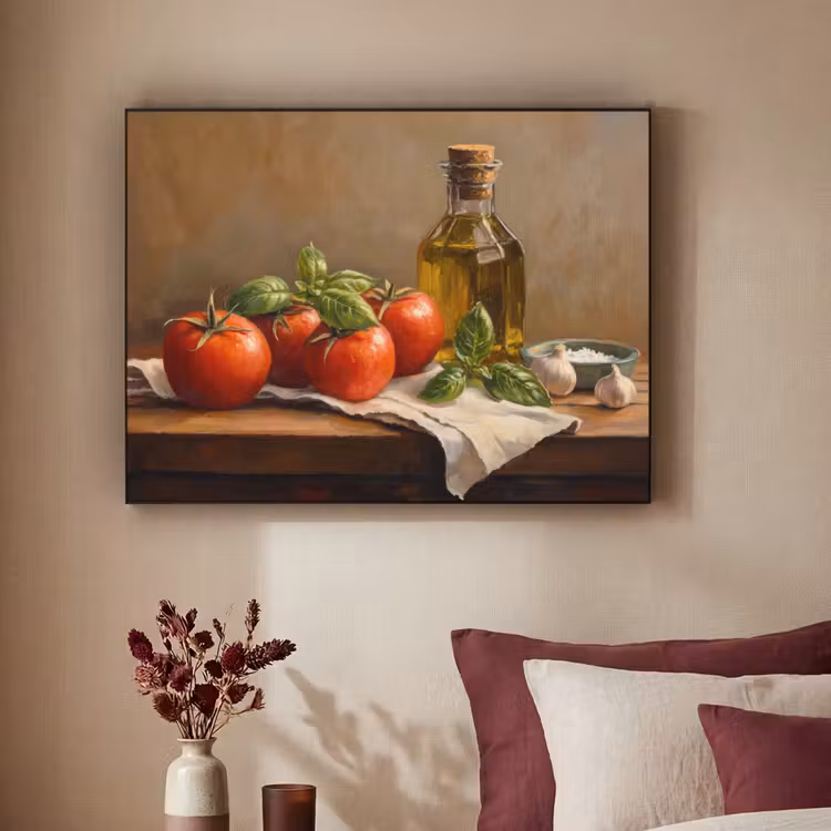Tomaten - Olijfolie - Stilleven Textielframe zwart klein -sfeer1
