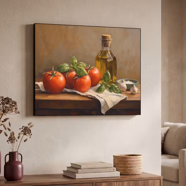 Tomaten - Olijfolie - Stilleven Textielframe - compleet frame klein -sfeer3