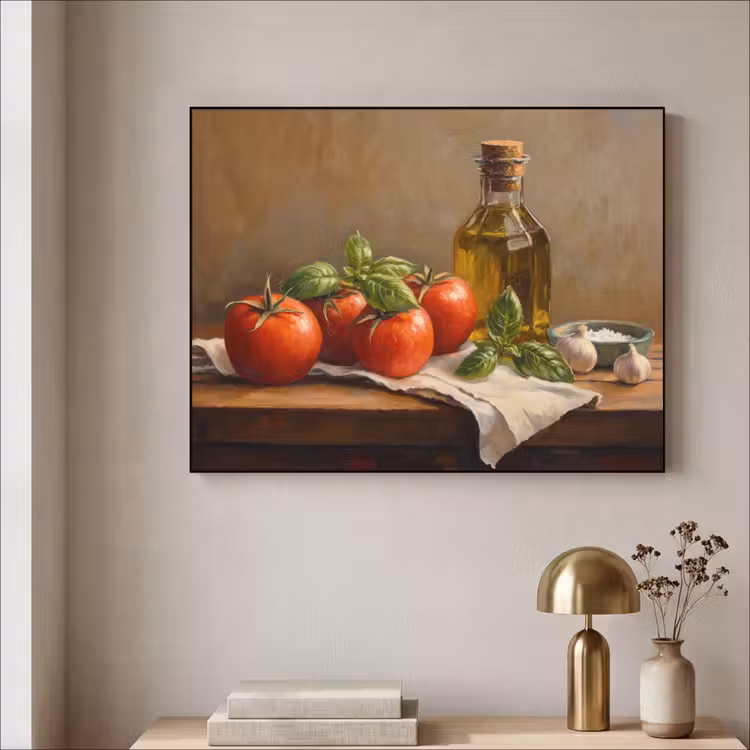 Tomaten - Olijfolie - Stilleven Textielframe - compleet frame klein -sfeer2