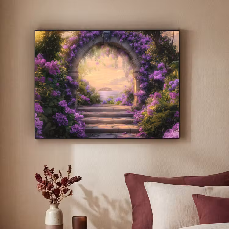 Poort - Paars - Bloemen Textielframe zwart klein -sfeer1
