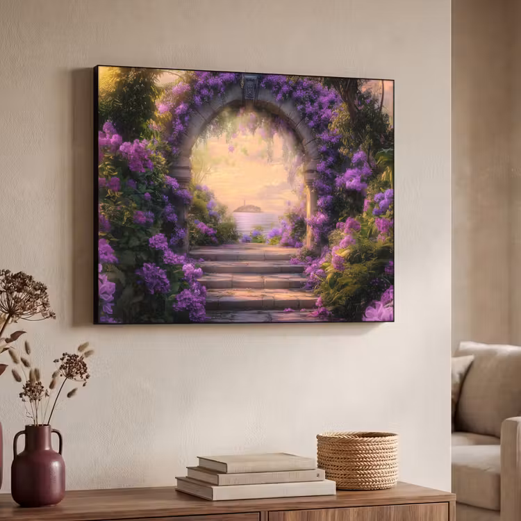 Poort - Paars - Bloemen Textielframe zwart klein -sfeer3