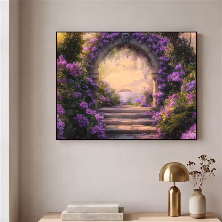 Poort - Paars - Bloemen Textielframe zwart klein -sfeer2