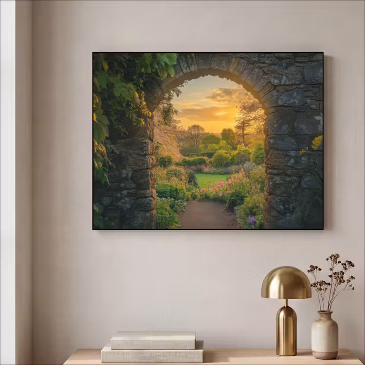 Poort - Planten - Zonsondergang Textielframe zwart klein -sfeer2