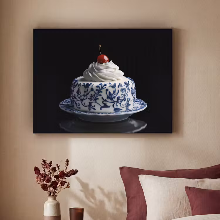 Taart - Slagroom - Kers - Bord - Delfts blauw Textielframe zwart klein -sfeer1