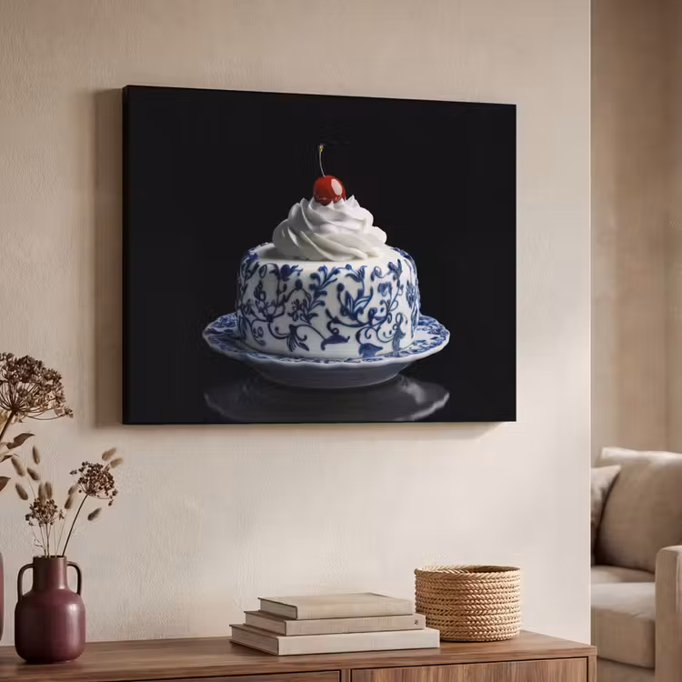 Taart - Slagroom - Kers - Bord - Delfts blauw Textielframe zwart klein -sfeer3