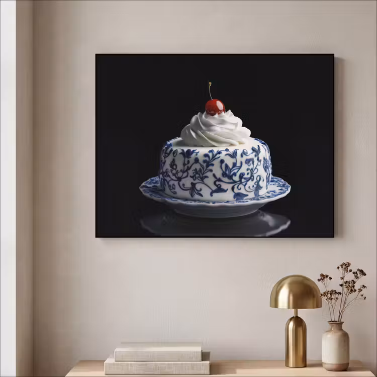 Taart - Slagroom - Kers - Bord - Delfts blauw Textielframe zwart klein -sfeer2