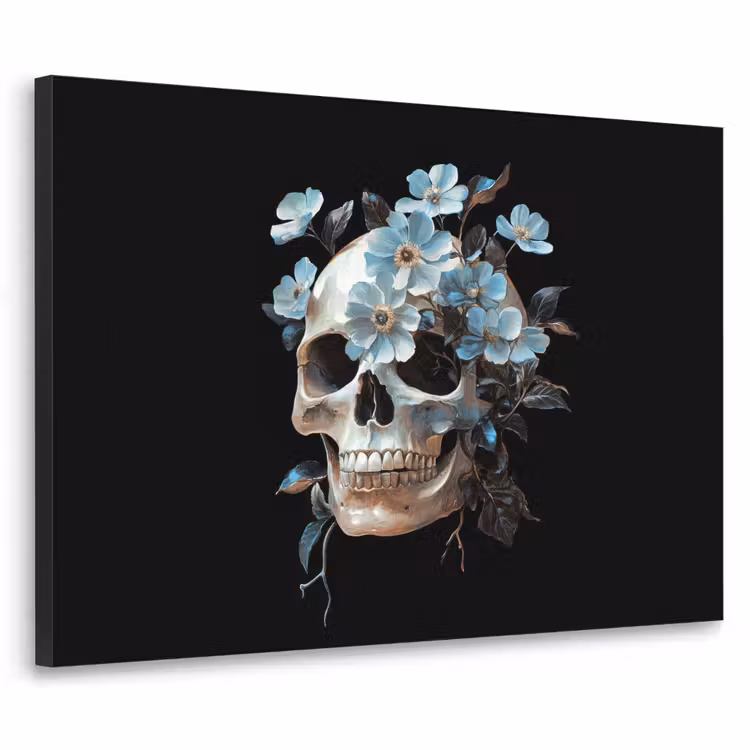 Schedel - Blauw - Bloemen - Bladeren Textielframe zwart klein -3d