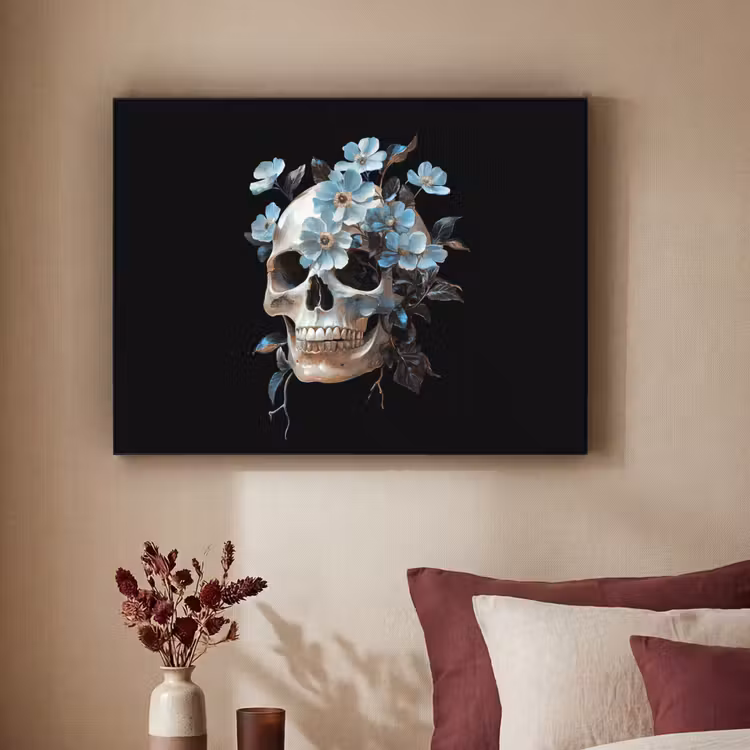 Schedel - Blauw - Bloemen - Bladeren Textielframe zwart klein -sfeer1