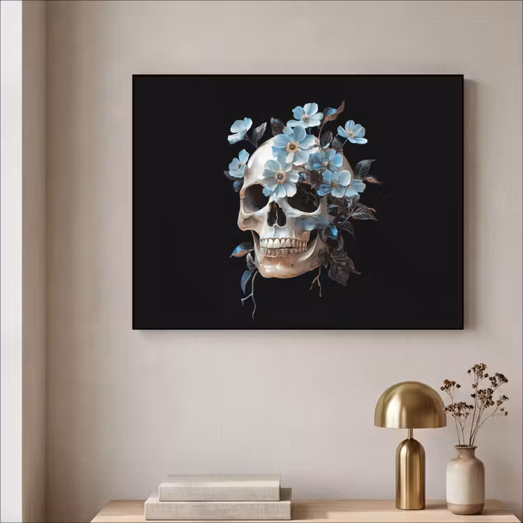Schedel - Blauw - Bloemen - Bladeren Textielframe zwart klein -sfeer2