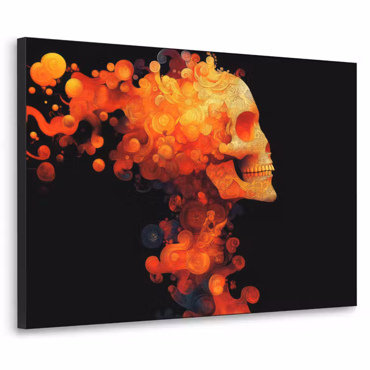 Schedel - Oranje - Zijaanzicht - Vlammen Textielframe zwart klein -3d