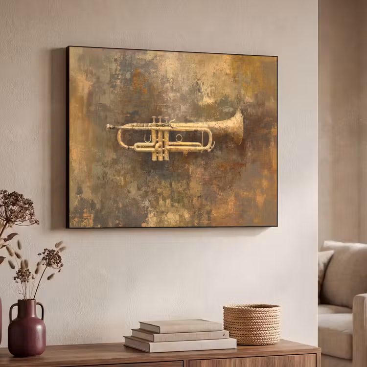 Trompet - Geel - Muzikaal Textielframe - compleet frame klein -sfeer3