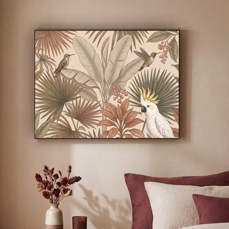 Tropisch - Vogels - Beige Textielframe zwart klein -sfeer1