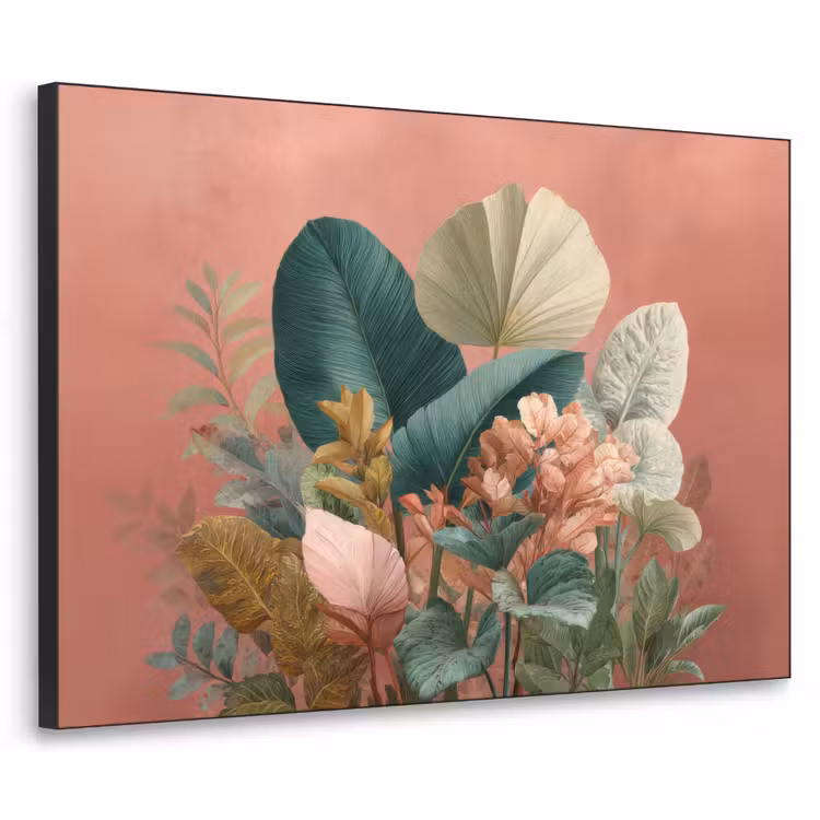 Tropische bladeren - Bloemen - Roze - groen Textielframe - compleet frame klein -3d