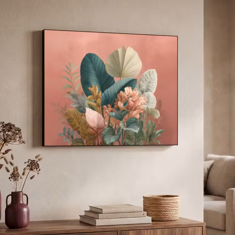 Tropische bladeren - Bloemen - Roze - groen Textielframe - compleet frame klein -sfeer3
