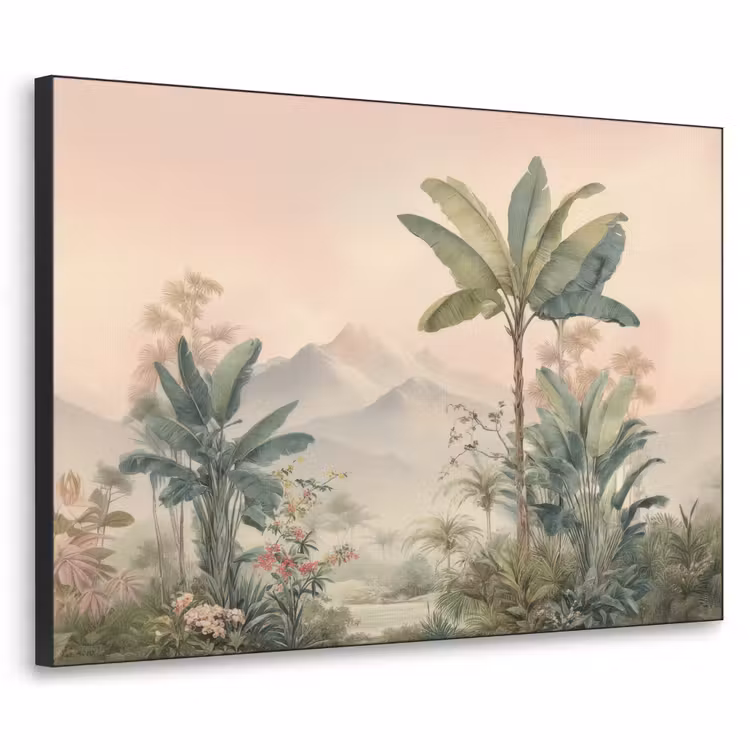 Tropisch landschap - palmbomen - Bloemen - Roze lucht Textielframe zwart klein -3d