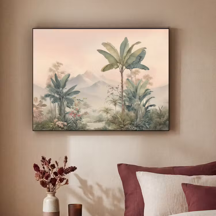 Tropisch landschap - palmbomen - Bloemen - Roze lucht Textielframe zwart klein -sfeer1