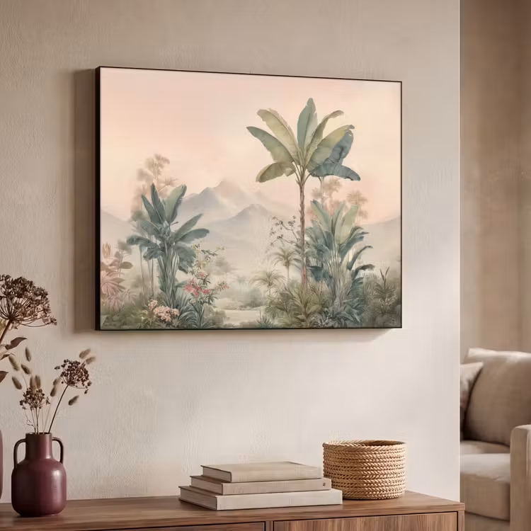 Tropisch landschap - palmbomen - Bloemen - Roze lucht Textielframe - compleet frame klein -sfeer3