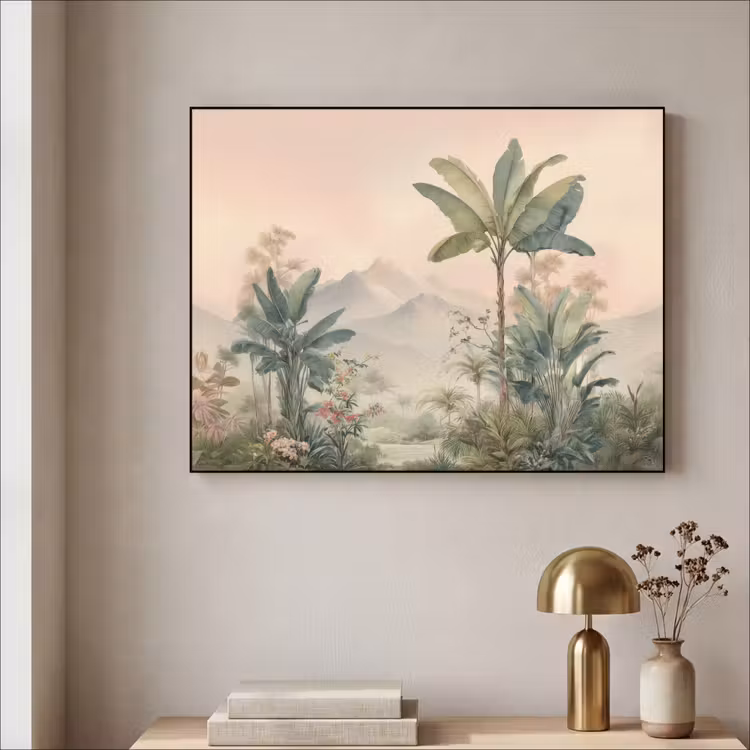 Tropisch landschap - palmbomen - Bloemen - Roze lucht Textielframe - compleet frame klein -sfeer2