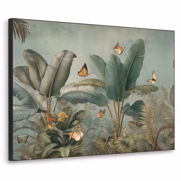 Tropisch bladerdek - Vlinders - groen - Bruin Textielframe zwart klein -3d