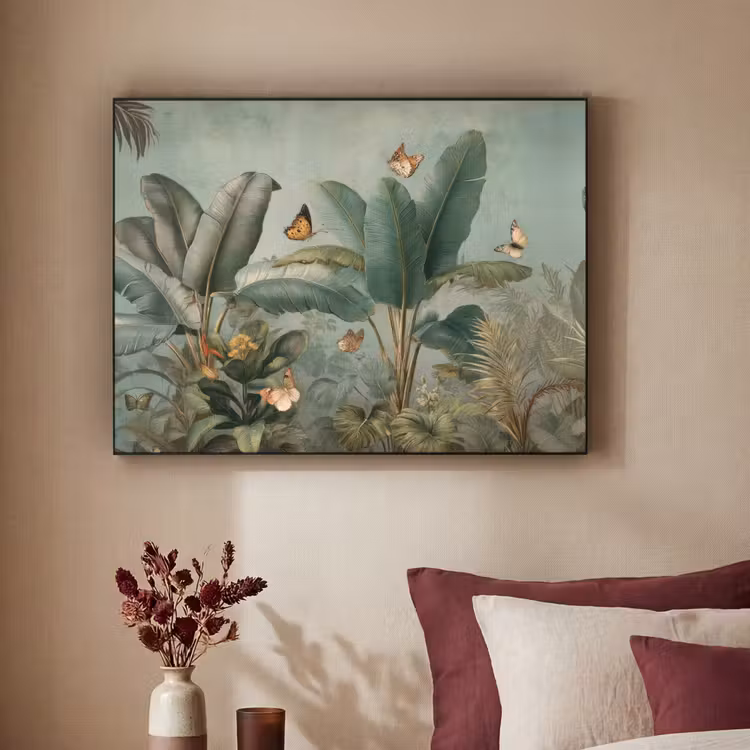 Tropisch bladerdek - Vlinders - groen - Bruin Textielframe zwart klein -sfeer1
