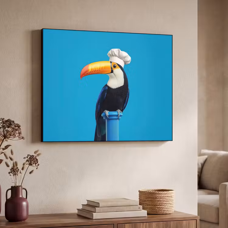 Tucan - Sokkel - Vogel - Koksmuts Textielframe zwart klein -sfeer3