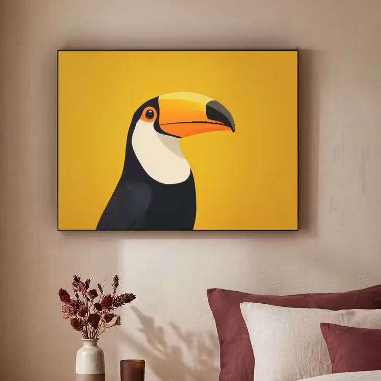 Toekan - Minimalistisch - Snavel - Oranje Textielframe - compleet frame klein -sfeer1