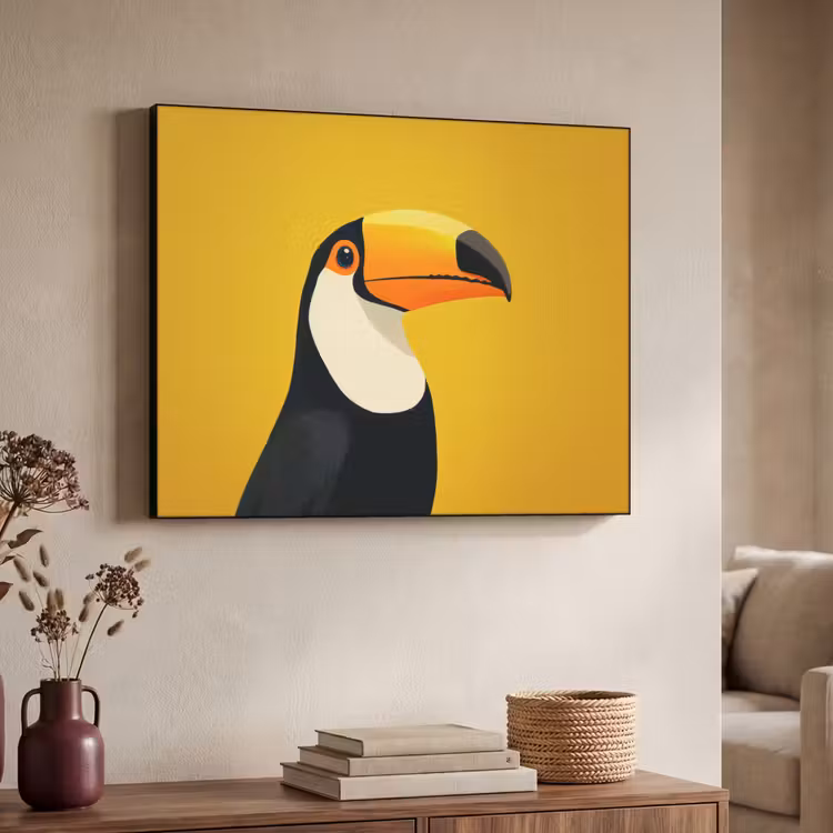 Toekan - Minimalistisch - Snavel - Oranje Textielframe - compleet frame klein -sfeer3